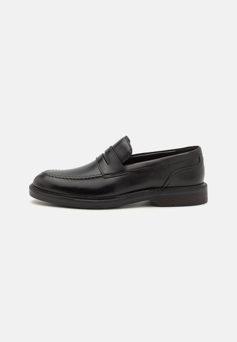 Black leather loafers featuring a stitched toe detail, dual horizontal straps across the vamp, and a wooden heel. Smooth texture and rounded shape.