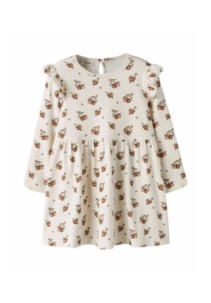 Vestito crema a maniche lunghe da bambina con spalle arricciate, motivo a frutta marrone, vita arricciata e piccolo oblò con bottone allo scollo.