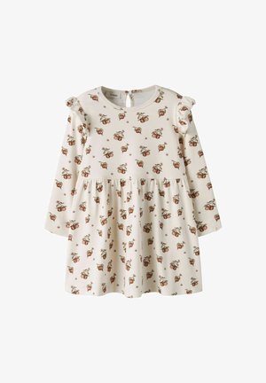 Vestito crema a maniche lunghe da bambina con spalle arricciate, motivo a frutta marrone, vita arricciata e piccolo oblò con bottone allo scollo.