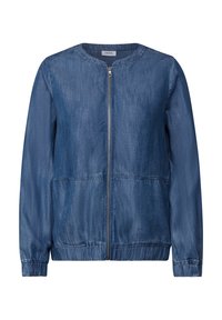 Blå denimjacka med rund halsringning, framdragkedja, elastiska muddaramar och en något samlad midja. Slät textur, avslappnad design.