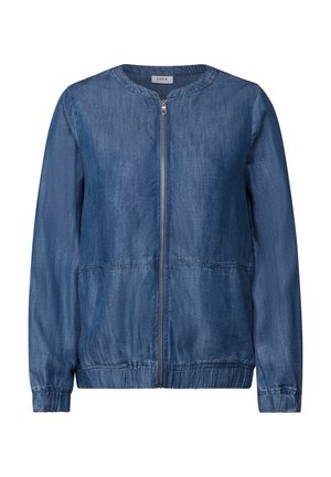 Modrá džínová bunda s kulatým výstřihem, předním zipem, elastickými manžetami a mírně nařaseným pasem. Hladký povrch, volnočasový design.