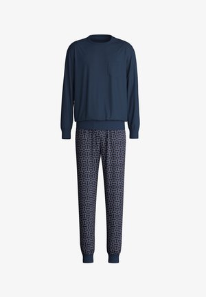 Navy blue loungewear set featuring a long-sleeve top with a chest pocket and patterned pants with swirls in red and white accents.