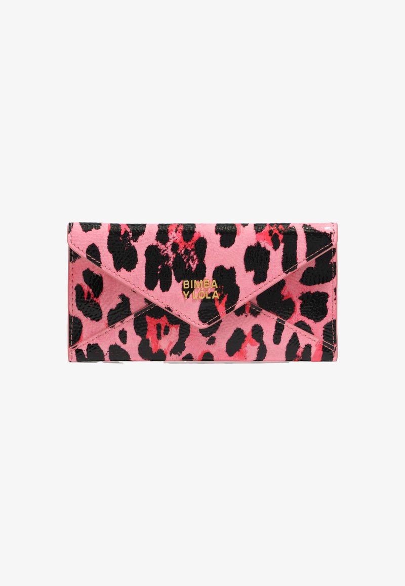 Pink leather wallet with black and red leopard print. Features a flap closure and gold embossed logo on the front. Textured finish.