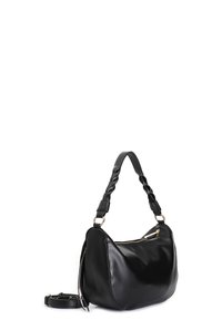 Borsa a tracolla in pelle nera con forma curvata, manico intrecciato e hardware in tonalità dorata. Presenta una chiusura con zip e una texture liscia.