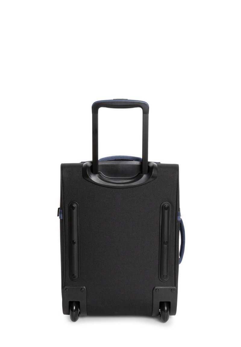 Valise à roulettes noire avec une poignée rétractable, texture lisse, roues stables et poignée latérale pour une maniabilité facile.