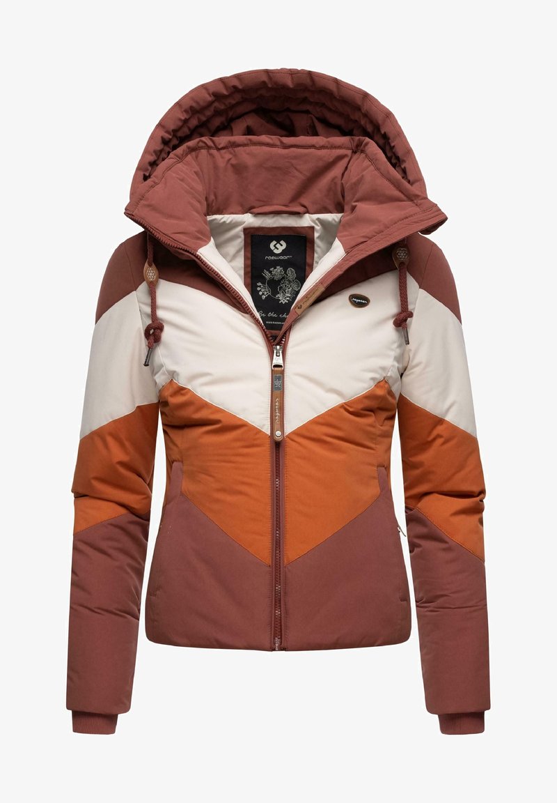 Veste d'hiver matelassée pour femme avec capuche, fermeture éclair à l'avant et blocs de couleur marron, orange rouille et crème.