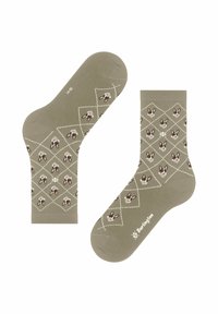 Skarpetki w kolorze khaki z wzorem w diamenty, ozdobione brązowymi i kremowymi twarzami psów. Materiał bawełniany z białymi akcentami. Logo marki wyeksponowane.