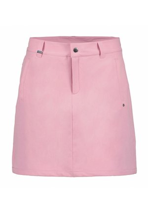 Gonna rosa chiaro sopra il ginocchio con passanti per cintura, bottoni frontali, cerniera e due tasche laterali.