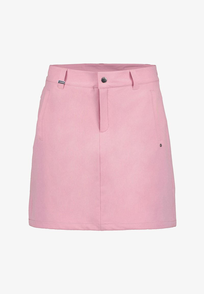 Světle růžová sukně nad kolena s poutky na pásek, předními knoflíky, zipem a dvěma bočními kapsami.