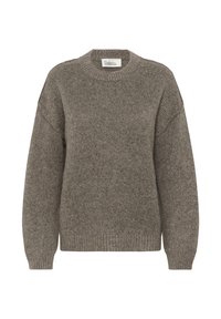Brauner gestrickter Pullover mit Rundhalsausschnitt und langen Ärmeln, mit gerippten Bündchen und Saum, beschriftet "Meine essentielle Garderobe."