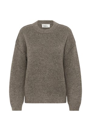 Brown knitted sweater with crew neck and long sleeves, featuring ribbed cuffs and hem, labeled "My Essential Wardrobe."