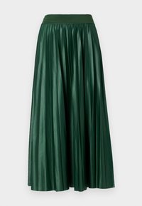 Záhybová midi sukně v tmavě zelené barvě, vyrobena z lesklého, hladkého materiálu. Má široký elastický pas a jemně dosahuje do poloviny lýtek.