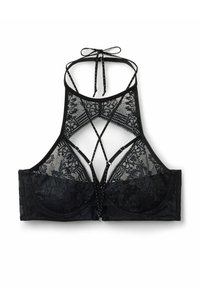 Černá krajková podprsenka s halter designem, featuring složité vzory, podložený spodní pás a křížové popruhy na zadní straně.