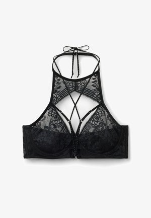Sorte blondetop med halter-design, der har indviklede mønstre, en polstret underbånd og krydssyninger på ryggen.