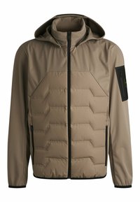 Beige vadderad jacka med huva, som har svarta dragkedjor, sidofickor och texturerade paneler. Inkluderar en svart ärmficka med dragkedja.