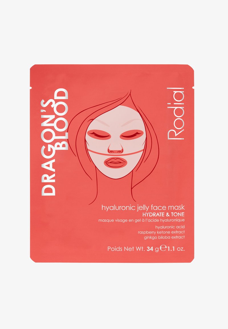 Paket mit Hyaluronsäure-Jelly-Gesichtsmaske in Koralle, mit einem minimalistischen Grafikelement eines Gesichts. Der Text enthält "Drakonisches Blut" und Produktdetails.