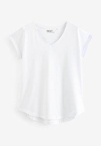 T-Shirt bianco a maniche corte con scollo a V e orlo curvo. Realizzato in tessuto liscio, presenta un branding minimale sull'etichetta interna.