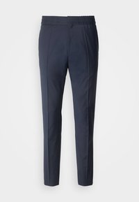 Pantalon formel bleu foncé coupe slim, avec une taille élastique et des plis à l'avant.