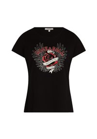 T-shirt nera a maniche corte con una rosa rossa e il testo "ROCK & ROLL". Il design include motivi bianchi simili a ali e un elemento a banner.