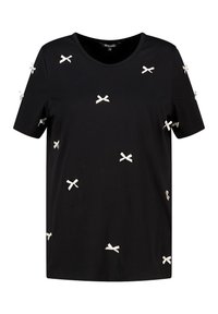 Zwarte korte mouwen t-shirt met een ronde halslijn, versierd met witte stoffen strikken die verspreid zijn over de voorkant en mouwen.