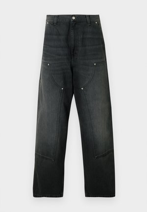 Black denim wide-leg pants with high waist, button closure, belt loops, oversized front patch pockets with rivet details.