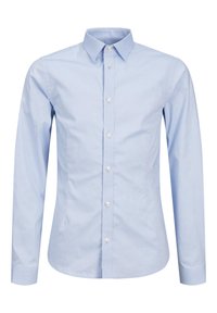 Světle modrá košile s dlouhým rukávem vyrobená z bavlny, s klasickým límečkem, zapínáním na knoflíky a štíhlým střihem s hladkou strukturou.