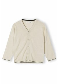 Cardigan en tricot beige avec un décolleté en V, des manches longues, une fermeture à cinq boutons, des poignets et un ourlet côtelés, avec des accents noirs au niveau du col et des poignets.