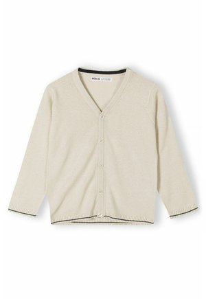 Cardigan en tricot beige avec un décolleté en V, des manches longues, une fermeture à cinq boutons, des poignets et un ourlet côtelés, avec des accents noirs au niveau du col et des poignets.