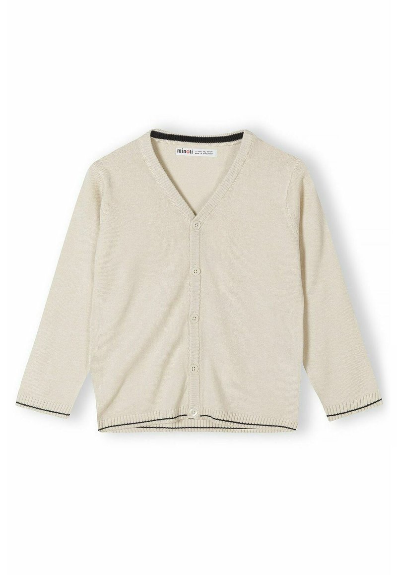 Cardigan en tricot beige avec un décolleté en V, des manches longues, une fermeture à cinq boutons, des poignets et un ourlet côtelés, avec des accents noirs au niveau du col et des poignets.