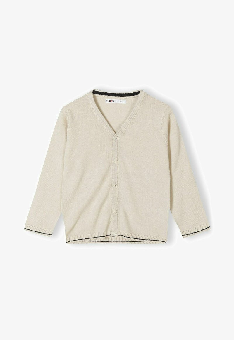 Beige Strickjacke mit V-Ausschnitt, langen Ärmeln, fünf Knopfverschluss, gerippten Bündchen und Saum, schwarzen Akzenten am Ausschnitt und an den Bündchen.