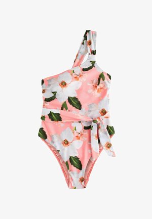 One-shoulder pink swimsuit with white floral pattern, green leaves, and a waist tie detail. Made from stretchy fabric for fit and comfort.