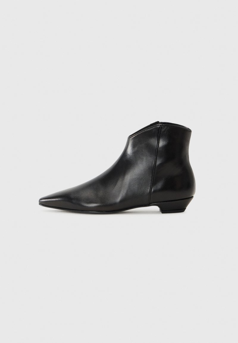 Botine negre din piele cu vârf ascuțit și toc mic, cu textură netedă și design fără cusături. Închidere cu fermoar pe lateral.