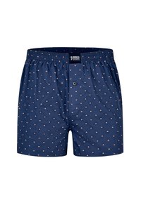 Marineblauwe boxers vervaardigd uit katoen met een elastische tailleband, voorzien van een patroon van kleine oranje stippen en een opening met knoop aan de voorkant.