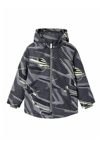 Giacca invernale a motivo mimetico con una combinazione di colori grigio e nero e accenti giallo neon, con zip frontale e cappuccio.
