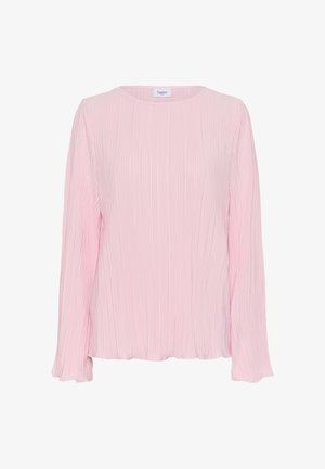 Rosa plissiertes Langarmoberteil mit Rundhalsausschnitt, das eine weiche Textur und einen sanften Fall im gesamten Stoff aufweist.