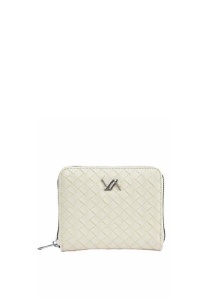 Small white wallet with woven texture, silver zipper, and silver logo emblem on front center.