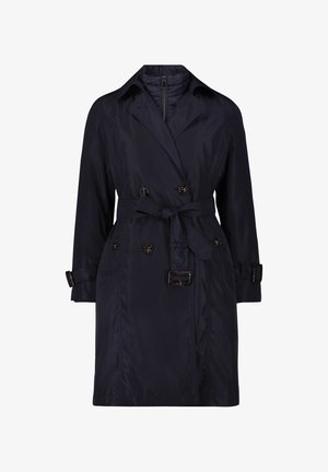 Könnyű anyagból készült tengerészkék trench kabát, dupla gombolású kialakítással, övvel, gomb részletekkel és állítható mandzsettákkal.