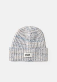 Gorro de malha cinza com riscas, decorado com manchas azul claro e laranja; apresenta uma aba dobrada e uma pequena etiqueta de marca com o logótipo "DRYKORN".