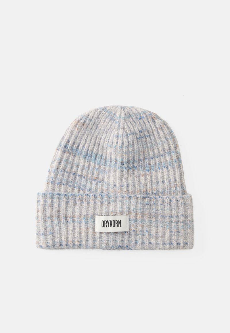 Gorro de malha cinza com riscas, decorado com manchas azul claro e laranja; apresenta uma aba dobrada e uma pequena etiqueta de marca com o logótipo "DRYKORN".