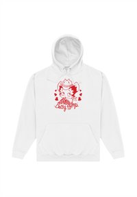 Felpa bianca con un grafico rosso di un personaggio con un cappello da cowboy circondato da cuori, con il testo "Betty Boop" sottostante in un carattere giocoso.