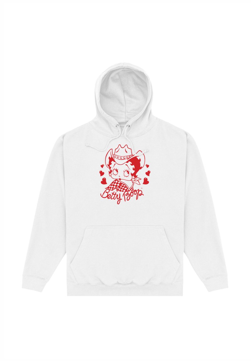 Felpa bianca con un grafico rosso di un personaggio con un cappello da cowboy circondato da cuori, con il testo "Betty Boop" sottostante in un carattere giocoso.