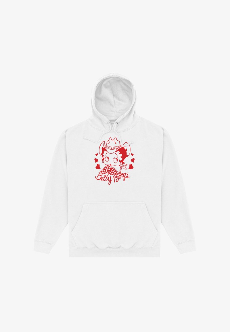 Felpa bianca con un grafico rosso di un personaggio con un cappello da cowboy circondato da cuori, con il testo "Betty Boop" sottostante in un carattere giocoso.