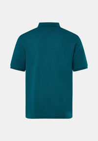 Tyrkysové polo tričko s klasickým límečkem, krátkými rukávy a jemnou texturou. Pohled ze zad ukazuje hladký povrch a minimální detaily šití.