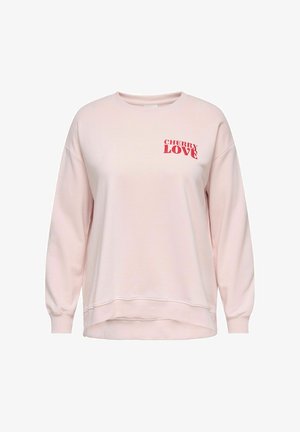 Hanorac roz pal cu mâneci lungi, text roșu "CHERRY LOVE" pe partea stângă a pieptului, manșete din material striat și tiv puțin mai lung în spate.