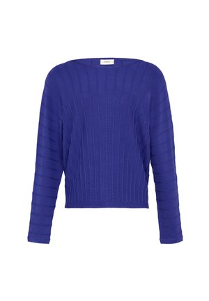 Pull en maille violet avec une texture côtelée, doté de manches longues et d'un col large et arrondi. Coupe cropped, tissu lisse.