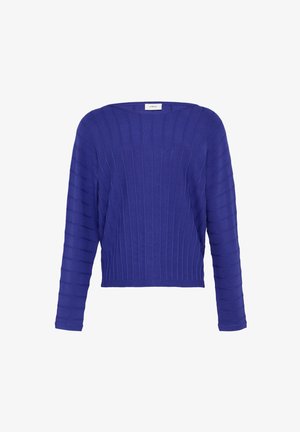 Paarse gebreide trui met een ribbelstructuur, voorzien van lange mouwen en een brede, ronde halslijn. Korte pasvorm, soepel stof.