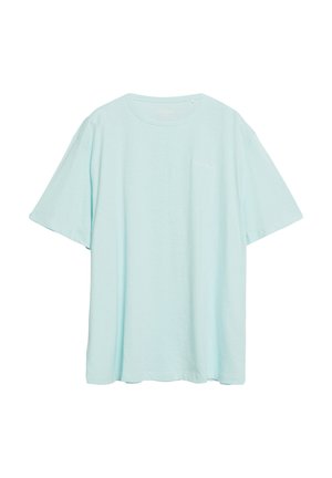 Jasnoniebieski t-shirt z krótkim rękawem i okrągłym dekoltem, o luźnym kroju, prezentowany na płasko na białym tle.