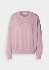 Světle růžová mikina s ribbed límcem a manžetami, s embosovaným logem "Marc O'Polo" na přední straně. Měkká textura, volný střih.