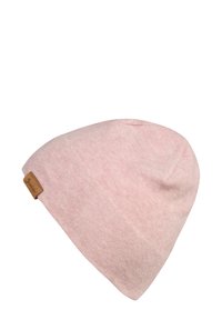 Pink knit beanie hat with a soft texture, triangular shape, and small leather logo tag on the side, designed for warmth and comfort.