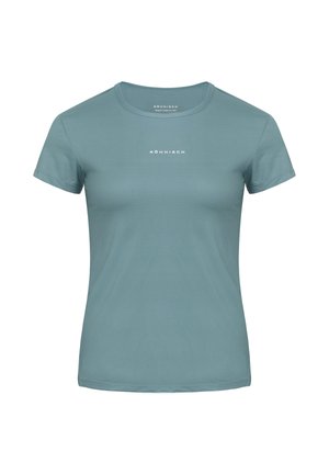 T-shirt a maniche corte azzurro chiaro realizzata in tessuto strutturato, con scollo rotondo e piccolo logo bianco centrato sul petto.